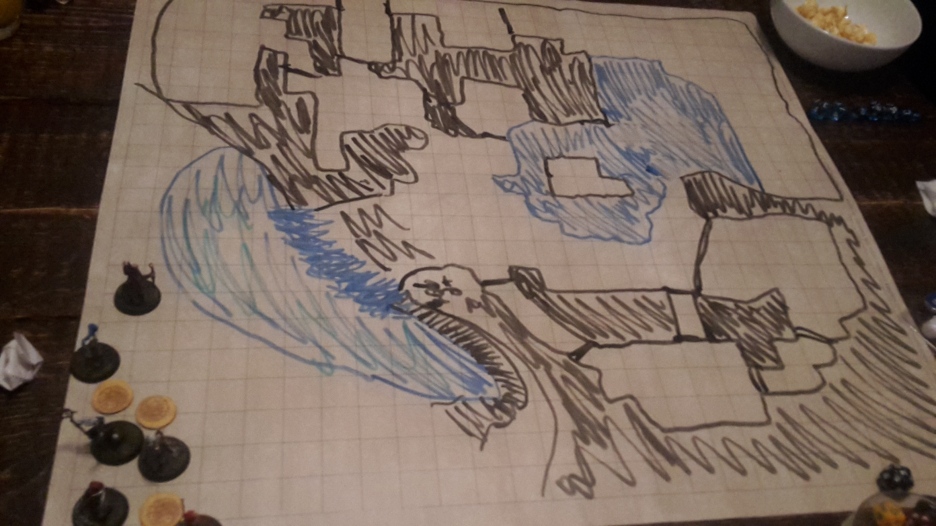 Map of the cave, with a staircase heading in behind the waterfall